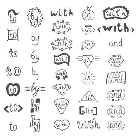 Hand drawn design elements.  Catchwords with, and, in, to, by. Vector illustrationのイラスト素材