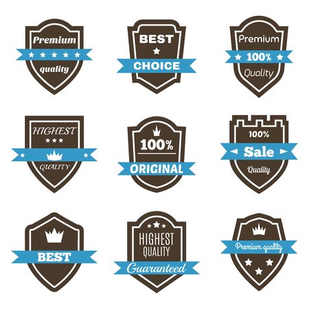 Set of 9 vintage badges. Shields with ribbons. Sale, premium quality, best choice, original vector labels. Vector illustrationのイラスト素材