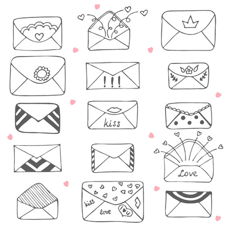 Set of hand drawn mailing envelopes. Communication icon in sketch style. Vector illustrationのイラスト素材