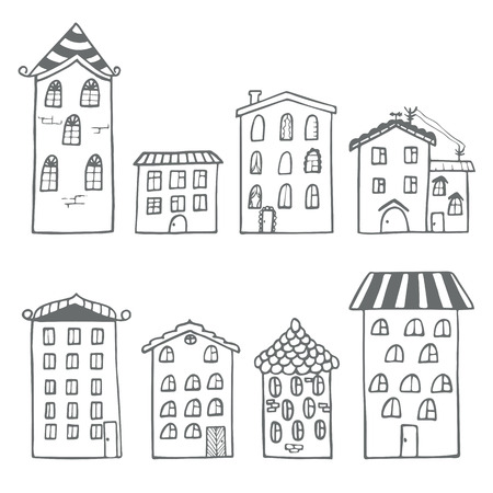 Set of houses in doodle styleのイラスト素材