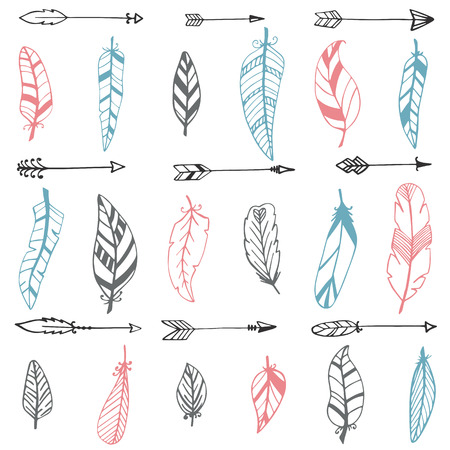 Ethnic seamless pattern with hand drawn arrows and feathers. Vector illustrationのイラスト素材