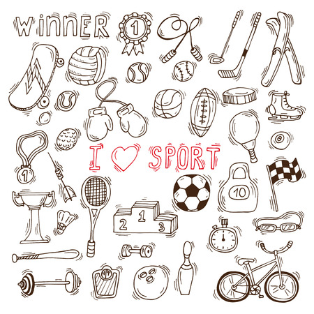 Fitness and sport vector elements. Hand drawn sport doodle icons. Vector illustrationのイラスト素材