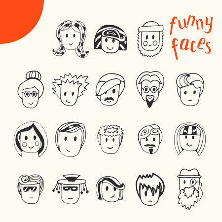 Hand drawn cartoon funny faces collection. Doodle vector avatars set. Vector illustrationのイラスト素材