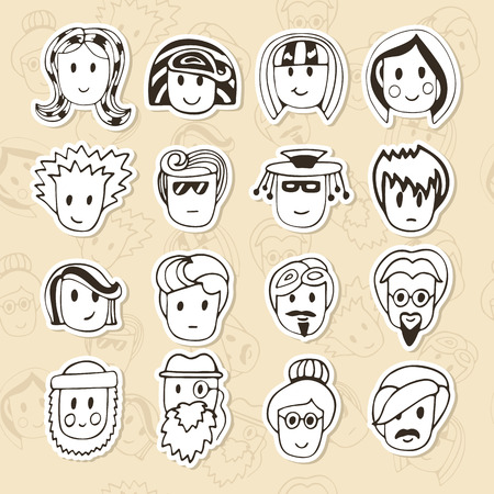 Hand drawn different funny faces. Doodle vector avatars set. Vector illustrationのイラスト素材