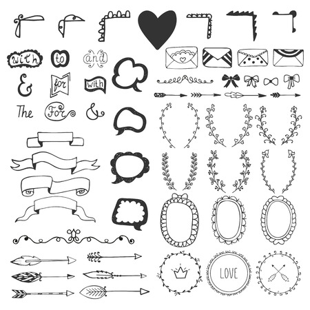 Hand drawn vintage romantic elements. Hand-sketched elements - florals, ribbons, calligraphic elements, arrows, speech bubbles, bows, ampersands and catchwords. Vector illustrationのイラスト素材