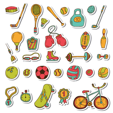 Healthy lifestyle sticker set. Sport icons. Hand drawn doodle fitness set. Vector illustrationのイラスト素材