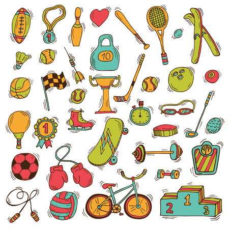 Set of sport icons in sketch style. Hand drawn sport equipment. Vector illustrationのイラスト素材