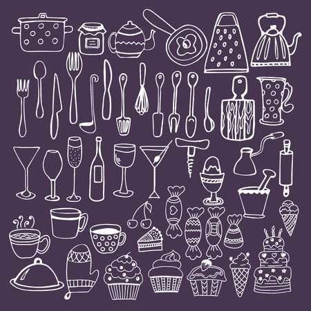 Set of hand drawn kitchen equipments. Kitchen utensils collectionのイラスト素材