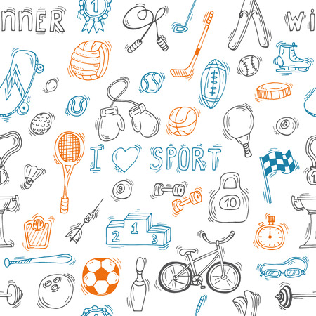 Seamless pattern with hand drawn sport equipment. Vector illustrationのイラスト素材