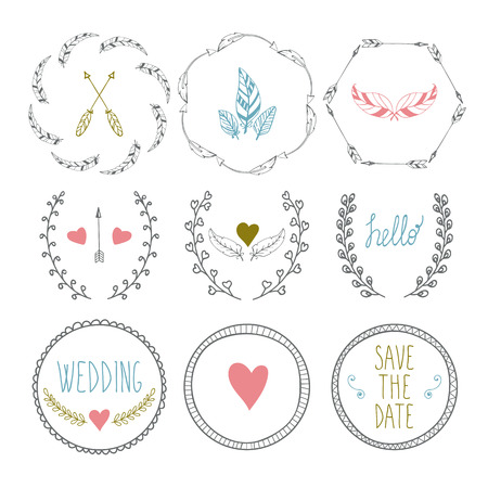 Set of hand drawn frames with wedding decorative elements. Vector illustrationのイラスト素材