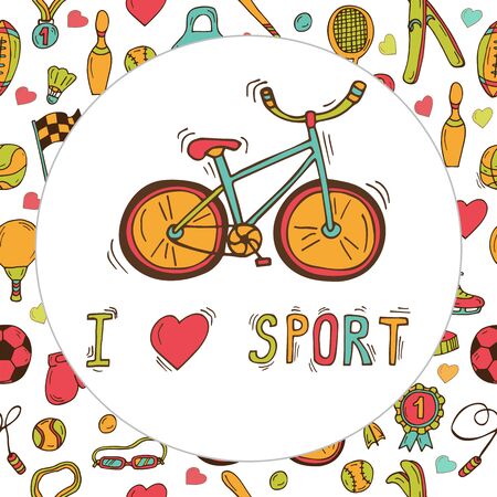 I love sport. Bicycle emblem. Hand drawn doodle sport background. Vector illustrationのイラスト素材