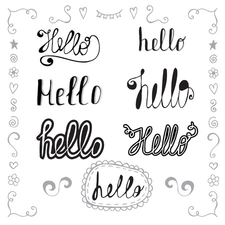 Hello in different style vector set. Hand drawn romantic design elements. Vector illustrationのイラスト素材