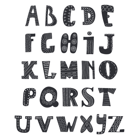 Doodle alphabet in black on white background. Cute hand drawn letters. Vector illustrationのイラスト素材