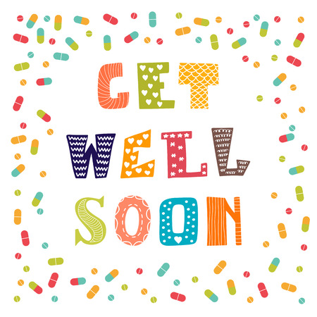 Get well soon card with pills. Greeting card. Vector illustrationのイラスト素材