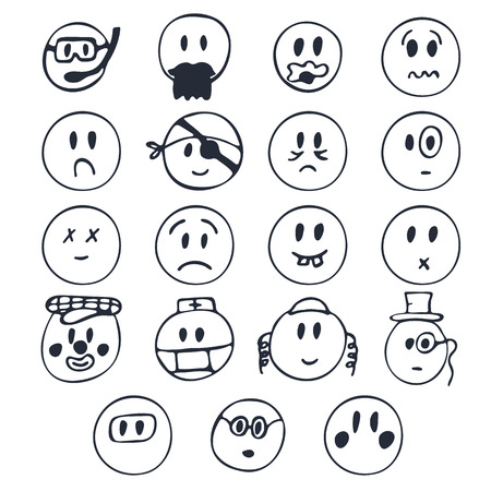Hand drawn faces with different emotions. Set of cute smiley faces with different expressions. Vector illustrationのイラスト素材