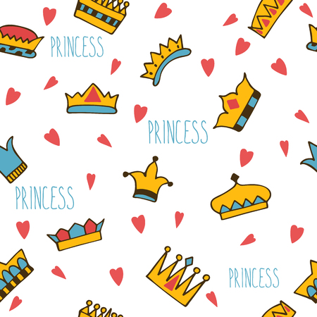 Princess seamless pattern with hand drawn crowns and hearts. Vector illustrationのイラスト素材
