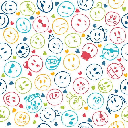 Seamless pattern of hand drawn colorful smiley funny faces with hearts. Vector illustrationのイラスト素材