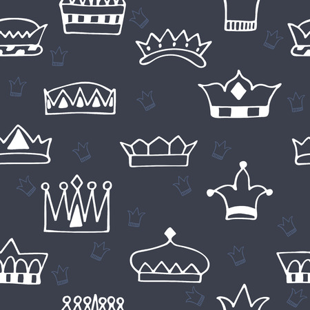Seamless pattern with hand drawn crowns on dark background. Vector illustrationのイラスト素材