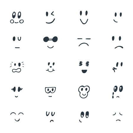 Set of hand drawn funny smiley faces. Sketched facial expressions set. Vector illustration