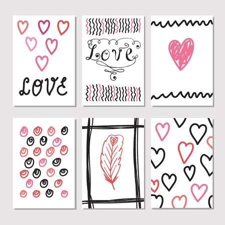 Set of vintage cards with romantic hand drawn textures. Creative cards with love theme design. Collection of brochures, posters, flyers, placards, and banners. Vector illustrationのイラスト素材