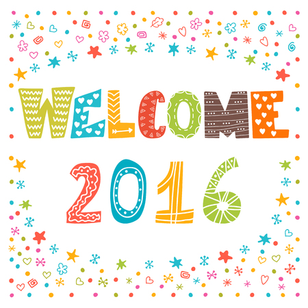 Welcome 2016. Happy New Year. Cute greeting card. Vector illustrationのイラスト素材
