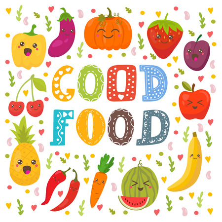 Good food. Cute happy fruits and vegetables in vector. Healthy food concept card. Vector illustrationのイラスト素材