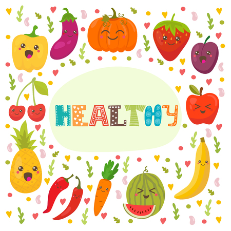 Healthy. Cute happy fruits and vegetables in vector. Healthy food concept card. Vector illustrationのイラスト素材