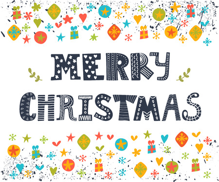 Merry Christmas greeting card. Cute postcard with hand drawn decorative elements. Happy holidays. Vector illustrationのイラスト素材