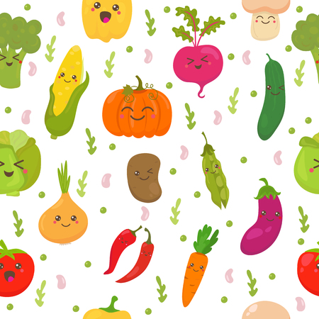 Seamless pattern with vegetables. Cute background. Happy vegetables. Vector illustrationのイラスト素材