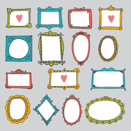 Set of hand drawn frames. Cute design elements. Sketchy ornamental frames and borders. Vector illustrationのイラスト素材