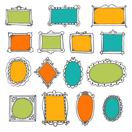 Set of hand drawn frames. Cute design elements. Sketchy ornamental frames. Vector illustrationのイラスト素材