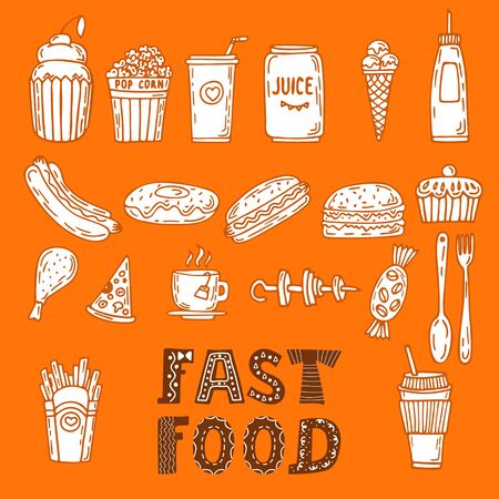 Collection of various sketches food and doodles elements. Hand drawn set of fast food. Vector illustrationのイラスト素材