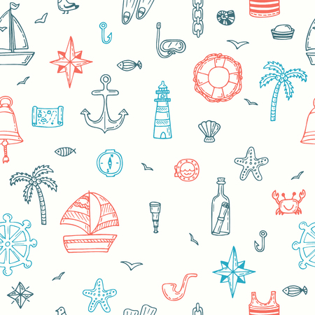 Cute hand drawn seamless pattern with nautical elements. Marine symbols. Nautical icons. Vector illustrationのイラスト素材