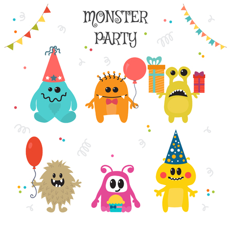 Cute little monsters birthday party. Vector illustrationのイラスト素材