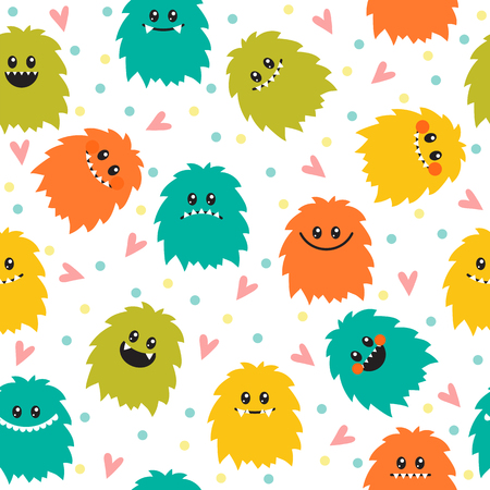 Cute seamless pattern with cartoon smiley monsters. Different fluffy monsters characters. Vector illustrationのイラスト素材