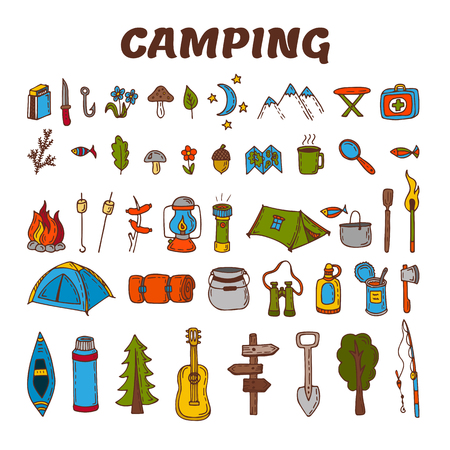 Hand drawn camping icon set in color. Collection of camping and hiking equipment symbols. Vector illustrationのイラスト素材