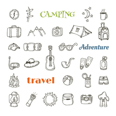 Hand drawn camping icon set. Collection of camping and hiking equipment symbols. Vector illustrationのイラスト素材