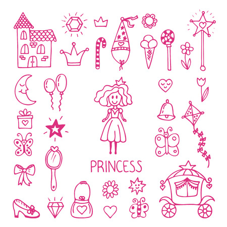 Hand drawn design elements of little princess. Sketchy fairy tale princess. Vector illustrationのイラスト素材