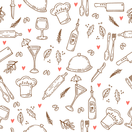 Hand drawn food seamless pattern with hearts. Sketch kitchen design elements. Vector illustrationのイラスト素材