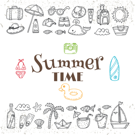 Hand drawn summer time collection. Beach theme doodle set.  Tropical paradise postcard. Vector illustrationのイラスト素材