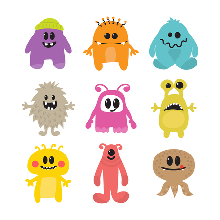 Set of cartoon funny smiley monsters. Collection of different monsters characters. Vector illustrationのイラスト素材