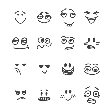 Set of hand drawn funny faces. Happy faces. Different emotions. Sketched facial expressions set. Vector illustrationのイラスト素材