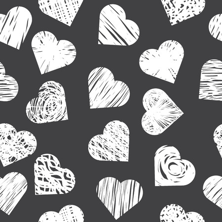 Seamless pattern with white hearts on black background. Stylish print with hand drawn hearts. Vector illustrationのイラスト素材