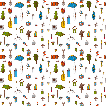 Hand drawn camping and hiking seamless pattern. Doodle camping elements on white background. Picnic, hiking, travel and camping. Vector illustrationのイラスト素材