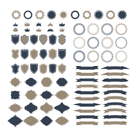 Collection of premium design elements. Set of ribbons, geometric shapes, stamps, crowns, frames, trendy hipster logotypes and shields. Vector illustrationのイラスト素材