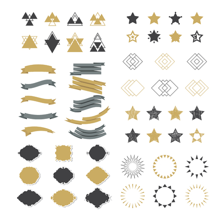 Collection of premium design elements. Set of ribbons, starbursts, geometric shapes, stamps, frames, trendy hipster logotypes and star shapes. Vector illustrationのイラスト素材