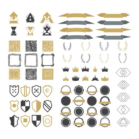 Collection of premium design elements. Set of ribbons, geometric shapes, wreaths, stamps, crowns, frames, trendy hipster logotypes and shields. Vector illustrationのイラスト素材