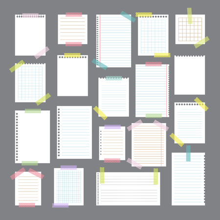Collection of various note papers with different tape strips. Cute design elements. Vector illustrationのイラスト素材