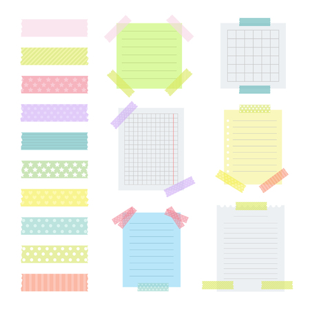 Collection of various note papers with different tape strips. Vector illustrationのイラスト素材