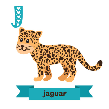 Jaguar. J letter. Cute children animal alphabet in vector. Funny cartoon animals. Vector illustrationのイラスト素材